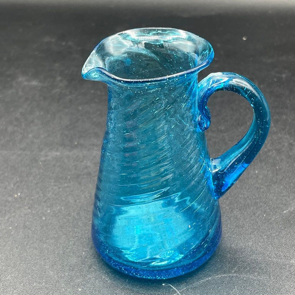 Vintage Blue Swirl Crackle Glass Mini Pitcher Applied Handle Bubbles